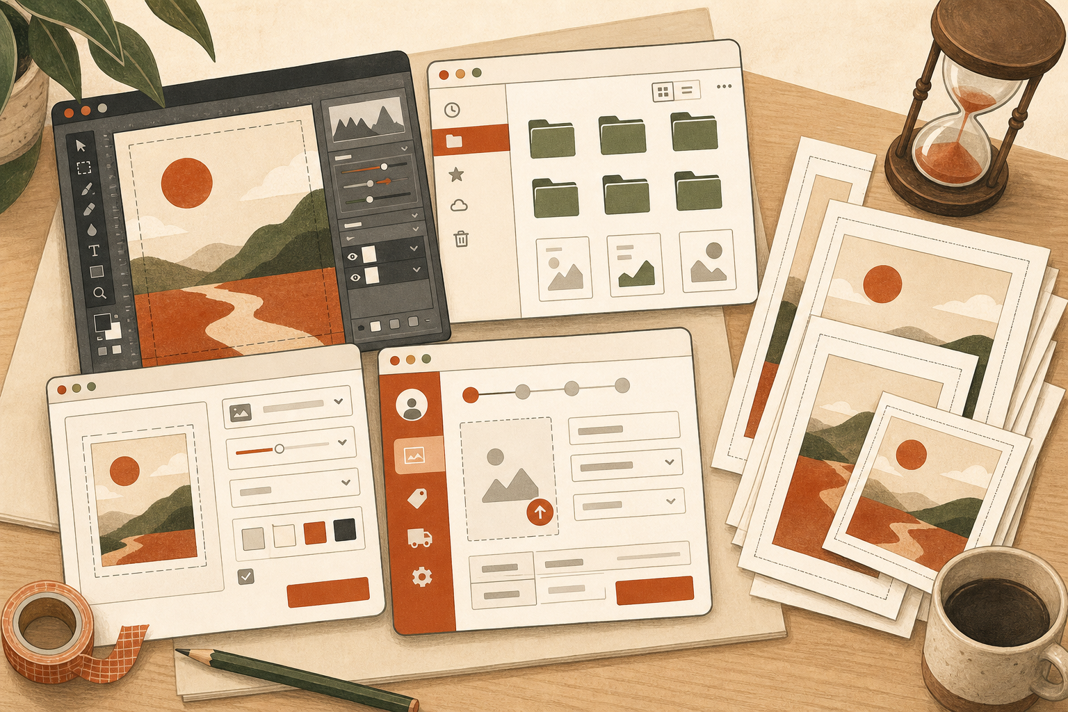 Illustration of an artist's desk cluttered with four separate apps and a crooked stack of resized prints