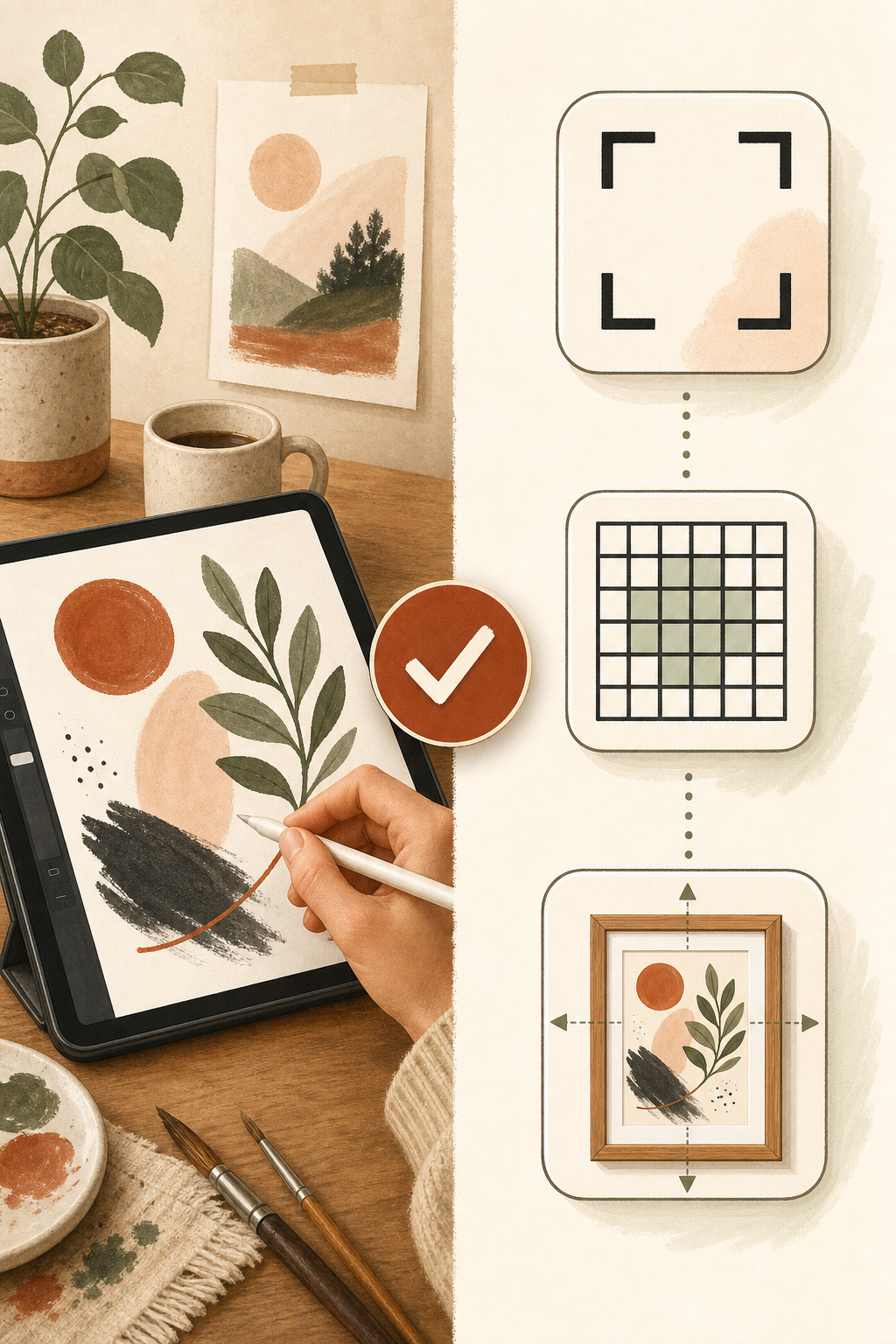 Illustration split between a hand sketching art and a column of mechanical prep icons: crop mark, DPI grid, mockup frame