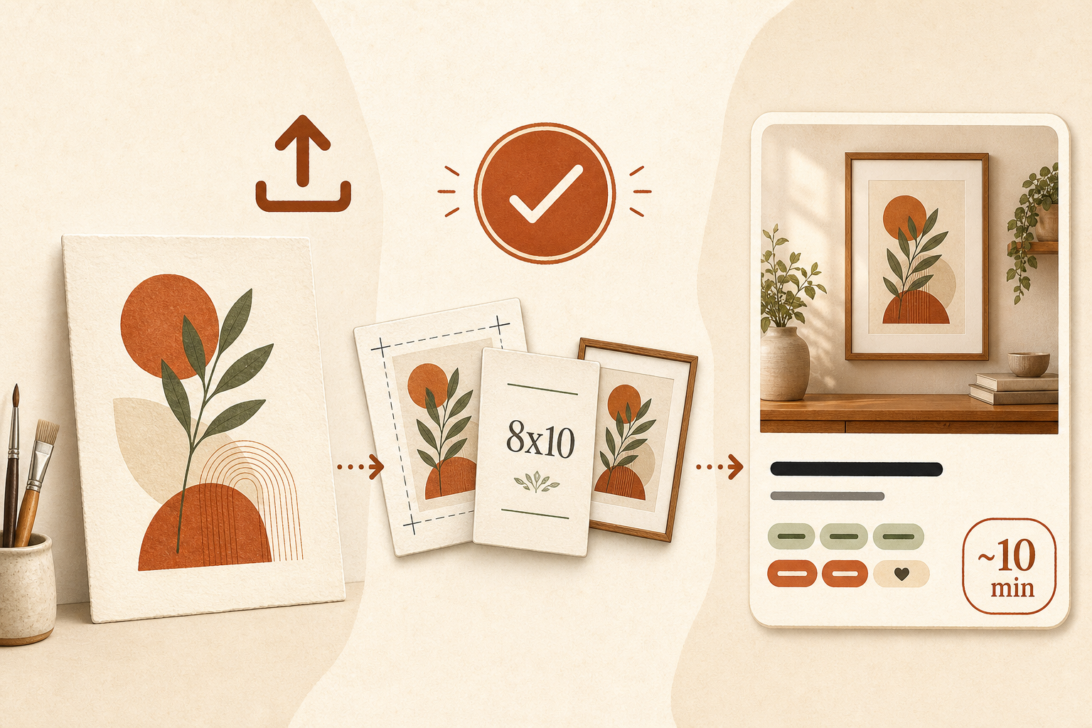 Illustration showing a finished art print becoming a framed mockup and a ready Etsy listing card
