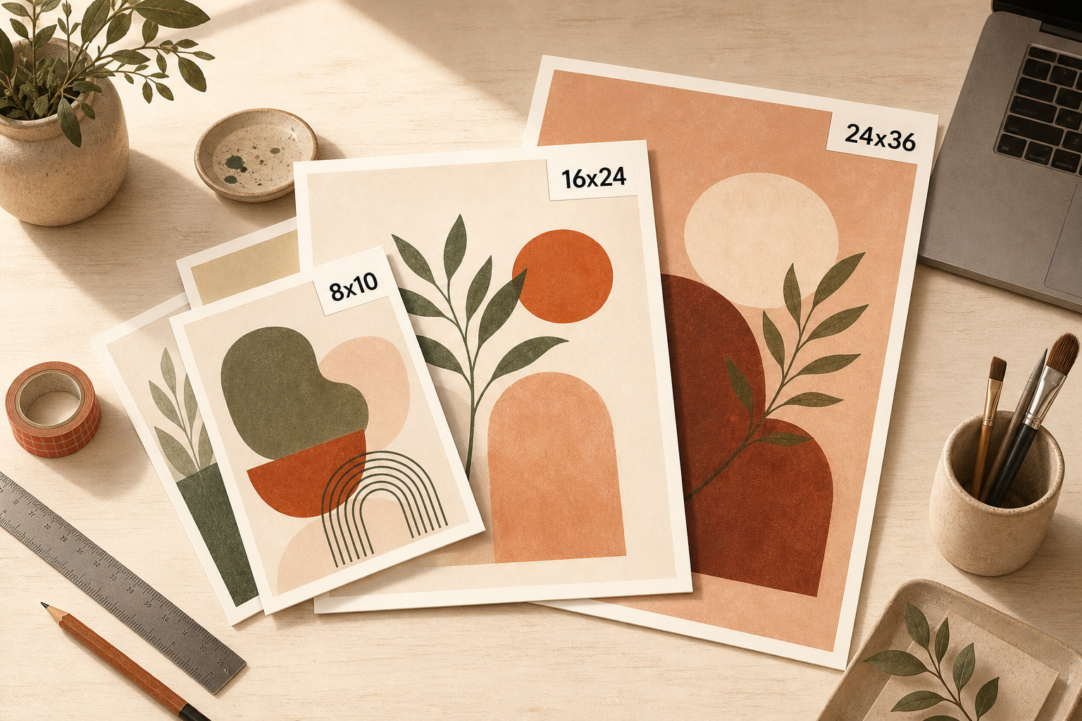 A confident fanned spread of finished art prints in a handful of sizes on a wooden table, each labeled with its size