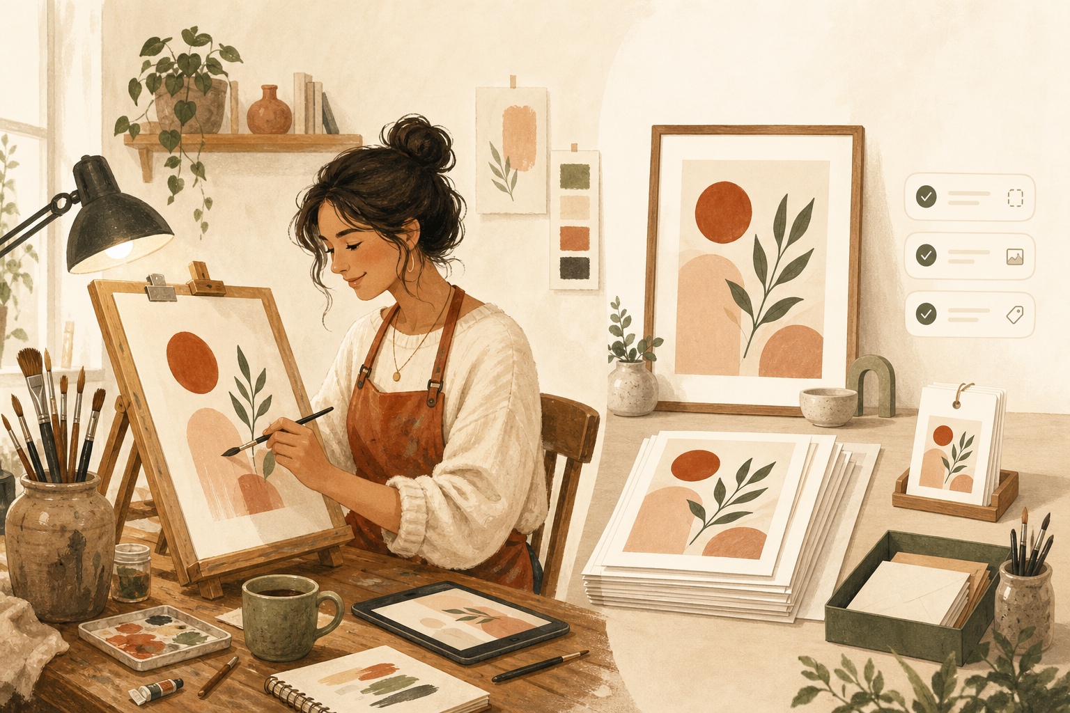 An artist absorbed in painting at an easel while finished, neatly organized print sizes and a mockup sit calmly handled to the side