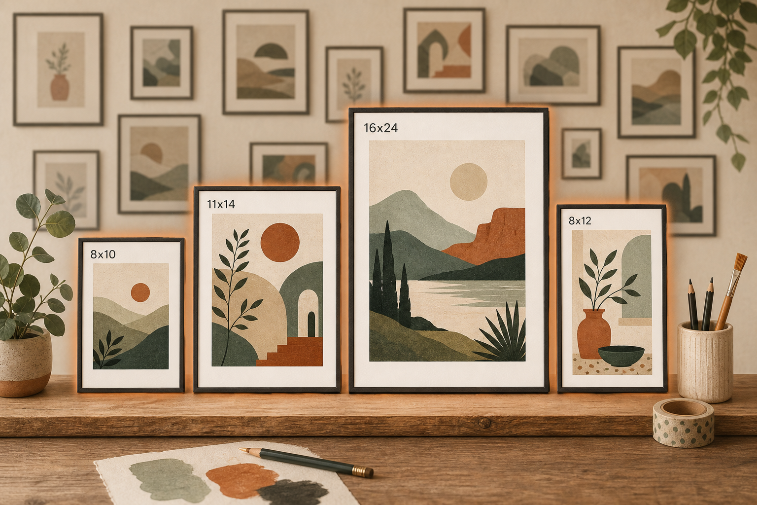 A gallery wall of framed art prints in varied sizes, a few glowing warm in the foreground while many more fade into shadow behind them