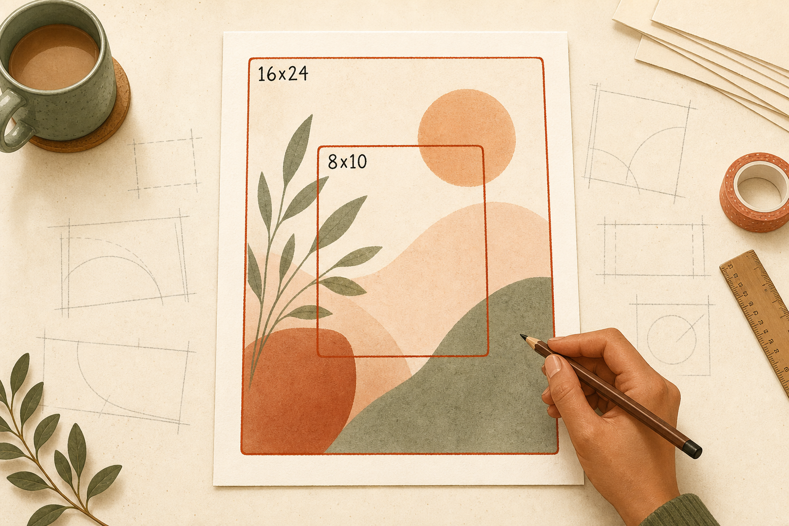 An art print on a desk with two confident crop guide outlines drawn over it, while several faint unused crop sketches sit scattered around the edges